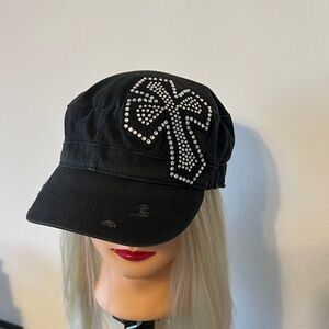 Black Studded Cross Military Cap - Women Accessories